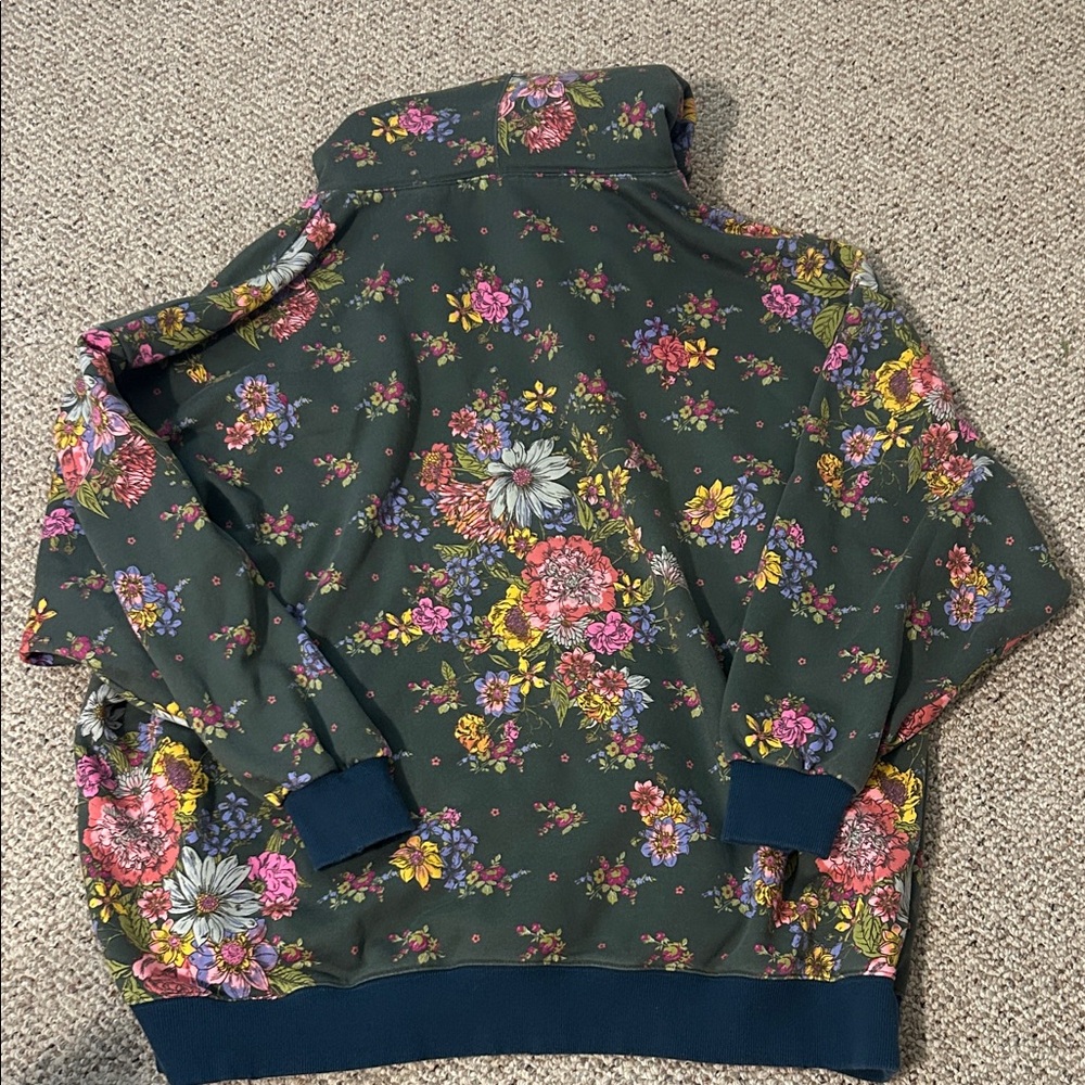 NATURAL LIFE Olive Floral Hooded Sweatshirt with Pink & Yellow Blooms- XL oversi - Picture 6 of 8